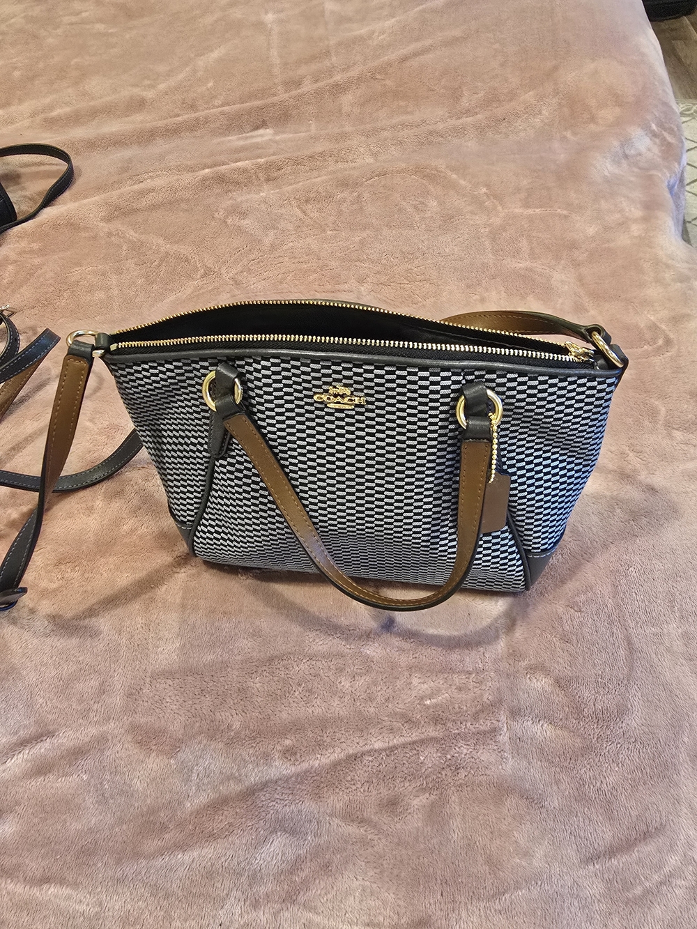 COACH Black & White Woven Mini Satchel with Brown Trim